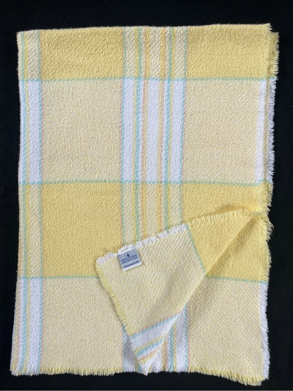 Vtg Berea College Crafts Handwoven Baby Blanket Yellow White Plaid 34x46 Fringe